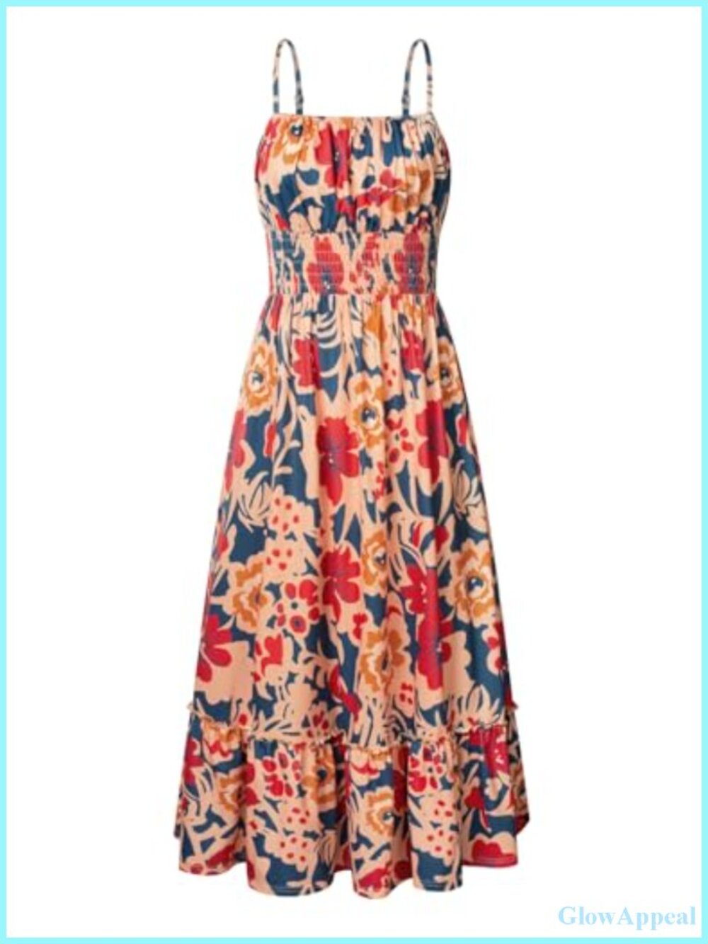 Boho Maxi Dress Smocked Waist Side Pockets Spaghetti Strap Sundress